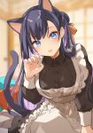  1girl animal_ears apron bangs black_hair blue_eyes blurry blurry_background blush breasts cat_ears cat_girl cat_tail colored_inner_hair cushion depth_of_field extra_ears fingernails hair_bun hand_up highres kamiyoshi_rika long_hair looking_at_viewer maid maid_apron medium_breasts multicolored_hair open_mouth original purple_hair sarasara-chan_(kamiyoshi_rika) single_hair_bun smile solo tail very_long_hair wing_collar 