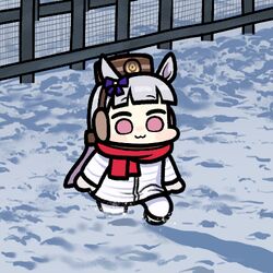 1girl :3 alternate_costume animal_ears brown_eyes chibi coat commentary earmuffs fence full_body gold_ship_(umamusume) grey_hair horse_ears horse_girl jazz_jack long_hair long_sleeves lowres photo-referenced pillbox_hat red_scarf scarf snow solo umamusume violet_eyes white_coat