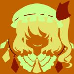  1girl blonde_hair flandre_scarlet hat highres long_hair maskin_mei mob_cap neckerchief orange_background silhouette simple_background smile solo touhou wings 