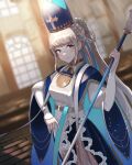  1girl absurdres blue_cape braid cape dress fate/grand_order fate_(series) grey_eyes grey_hair hat highres juliet_sleeves long_hair long_sleeves mitre pope_joan_(fate) puffy_sleeves smile staff thriller_romero white_dress 