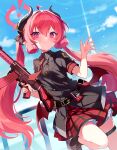  abusoru belt belt_bag blue_archive boots clouds commentary hair_between_eyes halo highres horns junko_(blue_archive) leg_up long_hair looking_at_viewer military military_uniform red_eyes redhead sky twintails uniform weapon wings 