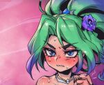  1girl akali bangs bare_shoulders blue_eyes blush crystal_rose_akali detached_collar flower gem gradient_background green_hair hair_flower hair_ornament league_of_legends multicolored_hair phantom_ix_row pink_background ponytail portrait purple_flower purple_hair solo sweat teeth two-tone_hair 