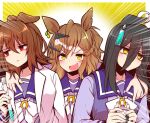  3girls agnes_tachyon_(umamusume) ahoge bangs bow bowtie braid brown_hair collarbone cup earrings ears_down emphasis_lines empty_eyes furrowed_brow hair_between_eyes hair_ornament hairclip hand_on_another&#039;s_shoulder holding holding_cup holding_test_tube horseshoe_ornament jewelry jungle_pocket_(umamusume) labcoat long_bangs long_sleeves manhattan_cafe_(umamusume) medium_hair messy_hair mug multicolored_hair multiple_girls notched_ear open_mouth outside_border purple_sailor_collar red_eyes sailor_collar school_uniform single_earring test_tube tracen_school_uniform two-tone_hair umamusume v-shaped_eyebrows white_bow white_bowtie white_hair winter_uniform yellow_background yellow_eyes yonedatomo_mizu 