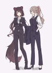  2girls adjusting_clothes adjusting_gloves animal_ears bangs black_footwear black_gloves black_necktie black_pants black_suit black_vest blunt_bangs brown_hair collared_shirt dog_ears dog_hair_ornament flower formal furen_e_lustario gloves hair_flower hair_ornament hair_ribbon heterochromia high_heels highres inui_toko light_brown_hair long_sleeves looking_at_another low_twintails multiple_girls necktie nijisanji pants ponytail red_eyes red_ribbon ribbon shadow shirt sidelocks simple_background sleeves_rolled_up smile standing suit talunilu_uu3 twintails vest virtual_youtuber white_background white_shirt yellow_eyes 