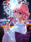  1girl alternate_costume alternate_hairstyle bangs blurry blurry_background blush bokeh bow breasts commission depth_of_field fireworks floral_print flower from_side hair_between_eyes hair_ornament hand_fan hands_up highres holding holding_fan japanese_clothes kimono light_smile lips medium_breasts nail_polish night night_sky pink_flower pink_hair purple_bow qiu_ju ranunculus saigyouji_yuyuko sash sky solo touhou violet_eyes yukata 