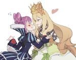  2girls bangs blonde_hair blue_dress blush celine_(fire_emblem) crown detached_sleeves dress facial_mark fire_emblem fire_emblem_engage flying_sweatdrops green_dress green_eyes hair_between_eyes hair_rings hand_on_another&#039;s_chin heart heart_facial_mark holding_hands hortensia_(fire_emblem) juliet_sleeves long_hair long_sleeves looking_at_another multiple_girls open_mouth pink_eyes pink_hair puffy_sleeves tencryingemojis very_long_hair white_background yuri 