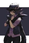  1boy adjusting_clothes adjusting_gloves bangs black_gloves black_headwear black_pants black_scarf black_vest brown_hair buttons closed_mouth collared_shirt cowboy_shot gloves grey_shirt hat highres hilbert_(fall_2020)_(pokemon) hilbert_(pokemon) jewelry looking_down male_focus necklace official_alternate_costume open_clothes open_vest pants pokemon pokemon_(game) pokemon_masters_ex scarf shirt short_hair sleeves_rolled_up solo tarai_(yamadarairai) vest 