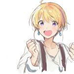  1boy blonde_hair blush earrings harukawa_(aonori1022) idolmaster idolmaster_side-m jewelry long_sleeves looking_at_viewer male_focus open_mouth pierre_bichelberger shirt short_hair sketch smile solo suspenders violet_eyes white_background white_shirt 