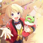  1boy blonde_hair bow bowtie confetti harukawa_(aonori1022) idolmaster idolmaster_side-m jacket kaerre long_sleeves looking_at_viewer looking_up male_focus open_mouth pierre_bichelberger red_jacket shirt short_hair smile solo stuffed_animal stuffed_frog stuffed_toy vest violet_eyes white_shirt yellow_vest 