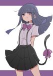  1girl arms_behind_back black_skirt blue_hair blush bow bowtie cat_tail collarbone commentary_request furude_rika highres higurashi_no_naku_koro_ni long28 long_hair looking_at_viewer pleated_skirt purple_bow purple_bowtie shirt skirt solo suspender_skirt suspenders tail tail_bow tail_ornament violet_eyes white_shirt 