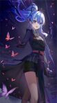  1girl :d absurdres belt black_belt black_gloves black_ribbon black_shirt black_shorts blue_eyes blue_hair bug butterfly ear_piercing falling_petals floating_hair gloves hair_ribbon high_ponytail highres holding holding_microphone hololive hoshimachi_suisei long_hair long_sleeves looking_at_viewer microphone mumi_(mumi_mar) official_alternate_costume official_alternate_hairstyle open_mouth petals piercing purple_butterfly red_butterfly ribbon shirt short_shorts shorts single_glove smile solo star_(symbol) star_in_eye starry_background symbol_in_eye thighs virtual_youtuber wing_hair_ornament 