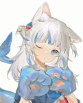  1girl animal_ear_fluff animal_ears animal_hands bangs blue_eyes blue_hair blue_hoodie blunt_bangs cat_day cat_ears cat_paws fish_tail gawr_gura grey_hair hair_ornament head_tilt highres hololive hololive_english hood hoodie long_hair looking_at_viewer multicolored_hair one_eye_closed ranqi070 shark_girl shark_hair_ornament shark_tail simple_background streaked_hair tail two_side_up virtual_youtuber white_background 
