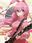  1girl animal_ear_fluff animal_ears bangs blue_eyes blush bocchi_the_rock! breasts cherry_blossoms chinese_zodiac closed_mouth commentary cube_hair_ornament egasumi expressionless fake_animal_ears falling_petals fingernails gotou_hitori guitar hair_between_eyes hair_ornament highres holding holding_instrument hylran0427 instrument jacket long_hair long_sleeves looking_at_viewer medium_breasts music new_year petals pink_hair pink_jacket playing_instrument rabbit_ears sidelocks signature solo very_long_hair wind wind_lift year_of_the_rabbit 