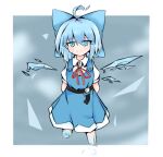  1girl 3497794970 bangs blue_eyes blue_hair blue_ribbon blush cirno fairy ice ice_wings looking_at_viewer melting no_feet ribbon short_hair touhou wings 