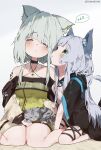  2girls animal_ears animal_on_lap arknights bare_legs black_choker black_coat blush breasts cat cat_day cat_ears cat_girl cat_on_lap cat_tail choker coat commentary_request detached_collar dress facing_viewer from_side green_dress green_eyes grey_hair hand_on_own_thigh highres jewelry kal&#039;tsit_(arknights) long_hair looking_at_another medium_breasts medium_hair multiple_girls necklace on_lap oripathy_lesion_(arknights) rosmontis_(arknights) sitting sleeping spoken_zzz tail thigh_strap unitedunti very_long_hair white_dress white_hair zzz 