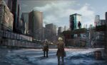  2boys backpack bag blonde_hair brown_coat brown_pants building city clouds cloudy_sky coat full_body highres holding holding_suitcase male_focus multiple_boys original pants scenery short_hair sky spirit standing suitcase urban yamaneko8686 