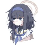  1girl @_@ aki_inu bags_under_eyes bangs black_hair blue_archive blue_eyes blue_hairband blue_neckerchief closed_mouth commentary_request cropped_torso hair_between_eyes hairband halo long_hair neckerchief sailor_collar school_uniform serafuku simple_background solo sweat ui_(blue_archive) white_background white_serafuku 