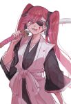  1girl bleach bleach:_the_thousand-year_blood_war blood eyepatch hara_hikaru japanese_clothes katana long_hair looking_at_viewer over_shoulder saitou_furoufushi shinigami solo sword sword_over_shoulder tongue tongue_out twintails twitter_username v-shaped_eyebrows watermark weapon weapon_over_shoulder white_background 