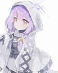  1girl atsuko_(blue_archive) belt_pouch black_gloves blue_archive blush bow braid gloves hair_bow halo highres hood hooded_jacket jacket k0npeit0 long_hair looking_at_viewer plate_carrier pouch purple_hair red_eyes solo twin_braids white_hood white_jacket yellow_bow 