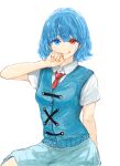  1girl :q absurdres adapted_costume arm_up bangs blue_eyes blue_hair blue_skirt blue_vest breasts eyebrows_hidden_by_hair hair_between_eyes heterochromia highres kashiwada_kiiho light_blush looking_at_viewer necktie nostrils red_eyes red_necktie shirt short_hair short_sleeves simple_background sketch skirt small_breasts smile solo tatara_kogasa tongue tongue_out touhou vest white_background white_shirt wing_collar 