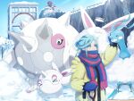  &gt;_&lt; 1boy altaria beartic blue_mittens blue_scarf cetitan cetoddle closed_eyes commentary_request day eyelashes frosmoth green_eyes green_hair grusha_(pokemon) hand_up highres jacket long_hair long_sleeves male_focus min_(myna8247) outdoors pokemon pokemon_(creature) pokemon_(game) pokemon_sv scarf sky snow striped striped_scarf weavile yellow_jacket 
