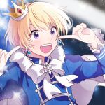  1boy blonde_hair blue_jacket blush cape crown formal fur-trimmed_cape fur_trim harukawa_(aonori1022) idolmaster idolmaster_side-m jacket long_sleeves looking_to_the_side male_focus mini_crown open_mouth pierre_bichelberger short_hair smile solo violet_eyes white_cape 