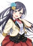  1girl afterschool_school_idol_(love_live!) bangs black_hair blush commentary feather_hair_ornament feathers flower gloves grey_eyes hair_flower hair_ornament highres long_hair looking_at_viewer love_live! love_live!_nijigasaki_high_school_idol_club one_side_up ranemu sidelocks smile solo sparkle upper_body white_background white_gloves yuuki_setsuna_(love_live!) 