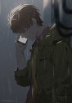  1boy artist_name bangs blurry blurry_foreground brown_hair closed_mouth green_jacket highres holding holding_phone jacket koeda_(k83_4) long_sleeves luke_pearce_(tears_of_themis) male_focus night night_sky outdoors phone rain shirt short_hair sky solo tears_of_themis yellow_shirt 