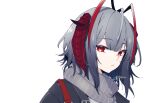  1girl antenna_hair arknights artist_name black_jacket citron80citron closed_mouth grey_hair grey_scarf jacket red_eyes redhead scarf short_hair simple_background solo upper_body w_(arknights) white_background 