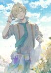  1boy blue_sky closed_eyes closed_umbrella clouds cloudy_sky hanazono_momohito heart_on_cheek highres holding holding_umbrella idolmaster idolmaster_side-m idolmaster_side-m_growing_stars kame_(unaikodori) light_green_hair male_focus open_mouth short_hair sky smile solo transparent transparent_umbrella umbrella 