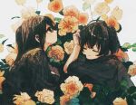  2girls bangs black_eyes black_hair black_shirt closed_eyes closed_mouth flower from_side hatching_(texture) head_rest ka_(marukogedago) leaf long_hair long_sleeves looking_up multiple_girls orange_flower orange_rose original profile rose rose_bush shirt short_hair straight_hair upper_body white_background 