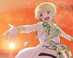  1boy blonde_hair earrings facing_viewer green_scarf harukawa_(aonori1022) idolmaster idolmaster_side-m jewelry looking_to_the_side male_focus multicolored_clothes multicolored_scarf open_mouth pierre_bichelberger scarf shirt short_hair sleeveless smile solo vest violet_eyes white_scarf white_shirt white_vest 