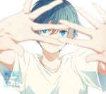  1boy amamine_shuu blue_eyes blue_hair closed_mouth idolmaster idolmaster_side-m idolmaster_side-m_growing_stars kame_(unaikodori) looking_at_viewer outstretched_hand shirt short_hair short_sleeves signature smile solo tagme twitter_username white_background white_shirt 