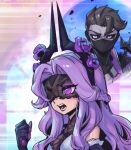  1boy 1girl bangs bare_shoulders black_bodysuit black_gloves black_sclera blindfold bodysuit braid brown_hair character_request clenched_hand colored_sclera covered_mouth emphasis_lines eyes_visible_through_eyewear flower gloves grey_eyes hair_flower hair_ornament hand_up horns league_of_legends long_hair open_mouth parted_hair phantom_ix_row pink_eyes pink_hair purple_flower shiny_skin syndra withered_rose_syndra zed_(league_of_legends) 