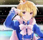  1boy blonde_hair blue_jacket blush cape closed_mouth crown earrings fur-trimmed_cape fur_trim harukawa_(aonori1022) idol_clothes idolmaster idolmaster_side-m jacket jewelry long_sleeves looking_at_viewer male_focus mini_crown pierre_bichelberger short_hair smile solo violet_eyes white_cape 