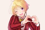  1boy blonde_hair blush collared_shirt harukawa_(aonori1022) head_tilt heart heart_hands idolmaster idolmaster_side-m jacket looking_at_viewer male_focus one_eye_closed pierre_bichelberger red_jacket shirt short_hair solo striped striped_jacket violet_eyes white_background white_shirt 