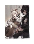  2boys :/ :d absurdres animal_ears arknights ascot black_hair black_suit blush cello chinese_commentary closed_mouth ebenholz_(arknights) formal goat_boy goat_ears goat_horns hair_between_eyes highres holding holding_bow_(music) holding_pen horns instrument kreide_(arknights) long_hair long_sleeves looking_at_another male_focus multiple_boys open_mouth pen sheet_music smile squiggle suit takano_jiyuu teeth upper_teeth_only very_long_hair violet_eyes white_ascot white_hair white_suit 