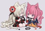  2girls anemone_(flower) animal_ears black_coat black_flower blue_eyes blue_jacket blush braid cat_ears cat_girl cat_tail chibi coat dainatsu dress eating_flower flower french_braid full_body grey_background grey_eyes hair_flower hair_ornament hair_over_one_eye isekai_joucho jacket kaf_(kamitsubaki_studio) kamitsubaki_studio long_hair looking_at_another multicolored_eyes multicolored_hair multiple_girls orange_dress pink_hair ponytail red_coat redhead seiza simple_background sitting sketch tail two-tone_coat two-tone_hair very_long_hair virtual_youtuber white_hair yellow_pupils 