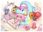  1girl animal_costume blue_eyes candy crayon crown discat doll dragon_costume drawing fang fate/grand_order fate_(series) food hat holding holding_crayon jack-o&#039;-lantern kumonryuu_eliza_(fate) lying on_stomach onesie pink_hair pointy_ears sketchbook tail wizard_hat 