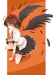  1girl black_feathers black_ribbon black_skirt black_socks brown_eyes brown_hair camera canon_(company) eyelashes falling_feathers feathers frilled_skirt frills hat highres holding holding_camera kuroushi_(under_hand) one_knee orange_background red_footwear red_headwear ribbon shadow shameimaru_aya shirt skirt smile socks solo tengu tokin_hat touhou two-tone_background white_shirt wings 