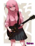  1girl artist_name bangs black_skirt blue_eyes blush bocchi_the_rock! copyright_name cube_hair_ornament gotou_hitori guitar hair_between_eyes hair_ornament half-closed_eyes high_collar highres holding holding_instrument hylran0427 instrument jacket long_hair long_sleeves looking_down miniskirt motion_lines music one_side_up open_mouth pink_hair pink_jacket playing_instrument pleated_skirt sidelocks simple_background skirt solo standing sweat very_long_hair 