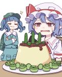  2girls absurdres backpack bag blue_hair blue_shirt blue_skirt blush_stickers chair closed_eyes closed_mouth collared_shirt cucumber cucumber_slice fang flat_cap food green_headwear hair_bobbles hair_ornament hat highres kame_(kamepan44231) kawashiro_nitori key long_sleeves mob_cap multiple_girls one-hour_drawing_challenge open_mouth pointy_ears pudding red_eyes remilia_scarlet shirt short_hair short_sleeves simple_background sitting skirt smile sparkle touhou two_side_up vegetable white_background white_headwear white_shirt 