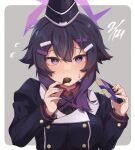  1girl blue_archive blush chocolate collared_shirt dated food garrison_cap hair_ornament hairclip halo haruka_(blue_archive) hat highres holding holding_chocolate holding_food jacket juliet_sleeves konntena long_sleeves looking_at_viewer medium_hair puffy_sleeves purple_hair purple_jacket red_shirt shirt solo sweatdrop valentine violet_eyes 