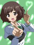  1girl :d akiyama_yukari artist_name bangs black_neckerchief blouse brown_eyes brown_hair commentary dancing dated foreshortening girls_und_panzer green_background heart highres index_fingers_raised light_trail long_sleeves looking_at_viewer messy_hair naotosi neckerchief ooarai_school_uniform open_mouth sailor_collar school_uniform serafuku shirt short_hair simple_background smile solo upper_body valentine white_sailor_collar white_shirt 