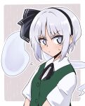  1girl bangs black_hairband border closed_mouth commentary ghost green_vest grey_background grey_eyes grey_hair hairband konpaku_youmu konpaku_youmu_(ghost) looking_at_viewer shio_(futatsumami) short_sleeves solo sweatdrop symbol-only_commentary touhou upper_body v-shaped_eyebrows vest white_border 