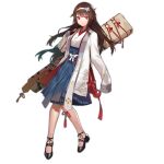  1girl bangs black_footwear blue_skirt blunt_bangs breasts brown_hair fangdan_runiu flower full_body girls_frontline hair_flower hair_ornament hairband instrument_case japanese_clothes js_9_(girls&#039;_frontline) js_9_(tender_marigold)_(girls&#039;_frontline) kimono large_breasts long_hair long_skirt looking_at_viewer mary_janes official_alternate_costume official_art red_eyes shoes skirt sleeves_past_wrists smile solo standing transparent_background white_kimono 