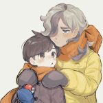  2boys :o alternate_costume arven_(pokemon) bangs blue_mittens blush brown_eyes brown_hair brown_jacket brown_mittens brown_scarf buttons closed_mouth commentary florian_(pokemon) grey_eyes hair_over_one_eye hands_on_another&#039;s_shoulders highres jacket long_hair long_sleeves male_focus mittens multiple_boys pokemon pokemon_(game) pokemon_sv scarf short_hair sketch sweatdrop symbol-only_commentary upi_(ukn18pkanother) upper_body white_background yellow_jacket 