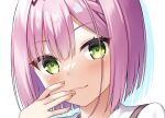  &gt;:) 1girl bangs blunt_bangs blush close-up closed_mouth commentary_request eyelashes eyes_visible_through_hair finger_to_mouth fingernails green_eyes gyaoo_yuzu_soft hand_up heart heart-shaped_pupils looking_at_viewer pink_hair short_hair simple_background smile smug solo symbol-shaped_pupils tanikaze_amane tenshi_souzou v-shaped_eyebrows white_background 