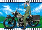  1girl 3d absurdres ano_hito black_hair blue_eyes commentary_request full_body goggles goggles_on_headwear green_jacket ground_vehicle hat highres jacket kino_(kino_no_tabi) kino_no_tabi lake mixed_media motor_vehicle motorcycle mountain pouch short_hair sitting solo 