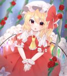  1girl :o ascot blonde_hair blush bow collared_shirt commentary cowboy crystal fang flandre_day flandre_scarlet flower frilled_bow frilled_shirt_collar frills hair_between_eyes hat hat_bow highres leaf long_hair looking_at_viewer machi0309 mob_cap open_mouth plant puffy_short_sleeves puffy_sleeves red_bow red_eyes red_flower red_rose red_skirt red_vest rose shirt short_sleeves side_ponytail skin_fang skirt skirt_set solo thorns touhou vest vines white_headwear white_shirt wings wrist_cuffs yellow_ascot 